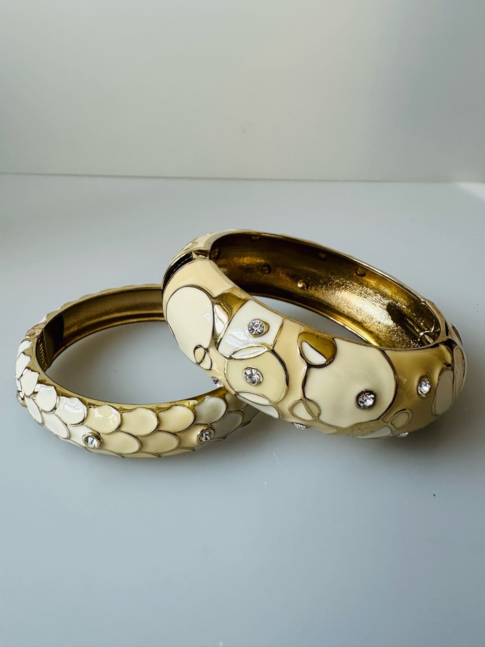 SEQUIN NYC Cream Enamel Crystal Gold Tone Hinged Bangle Bracelet plus Bonus